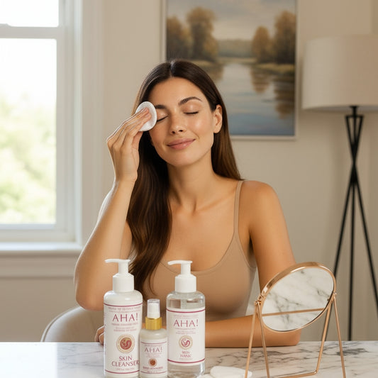 Woman putting on Nonie of Beverly Hills AHA skin cleanser, skin tonic, and moisturizer