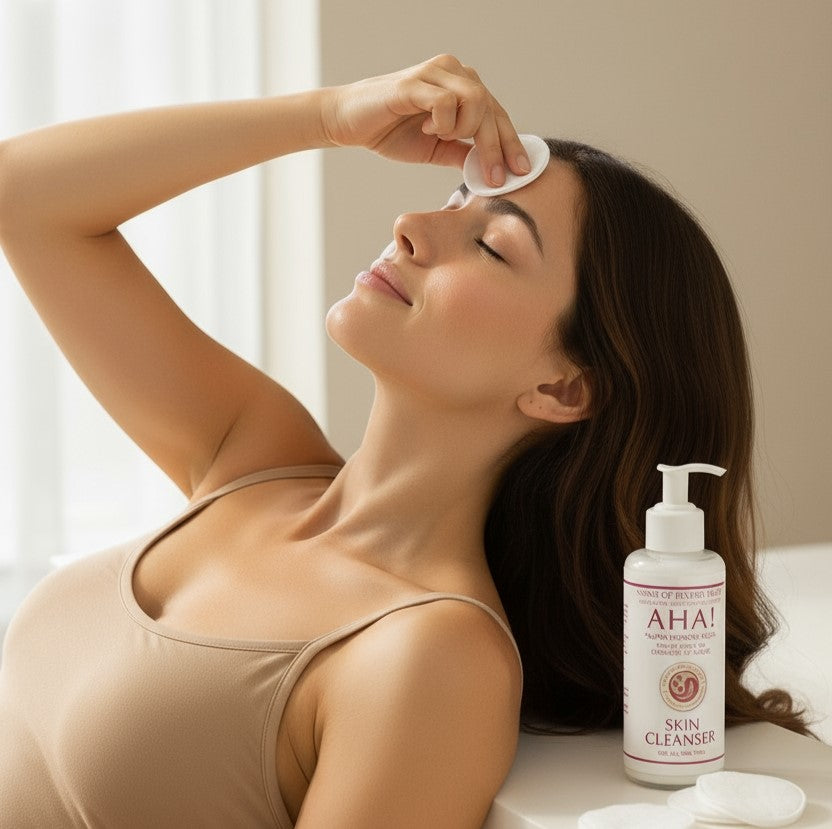 Woman putting on Nonie of Beverly Hills skin cleanser with a cotton pad
