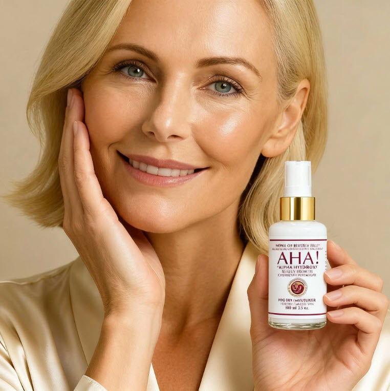 Woman with smooth radiant skin smiling while holding a Nonie of Beverly Hills AHA moisturizer bottle near her face.