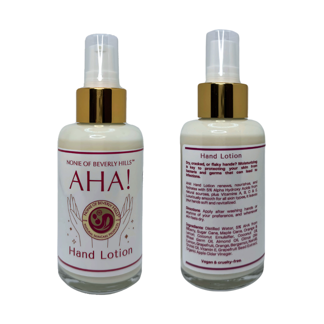 Nonie of Beverly Hills AHA hand lotion in a glass bottle front and back label