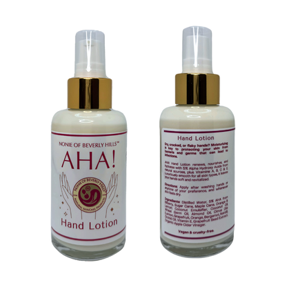 Nonie of Beverly Hills AHA hand lotion in a glass bottle front and back label