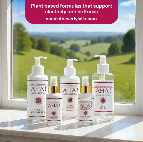 Display of AHA moisturizers and lotions designed for dry mature skin.