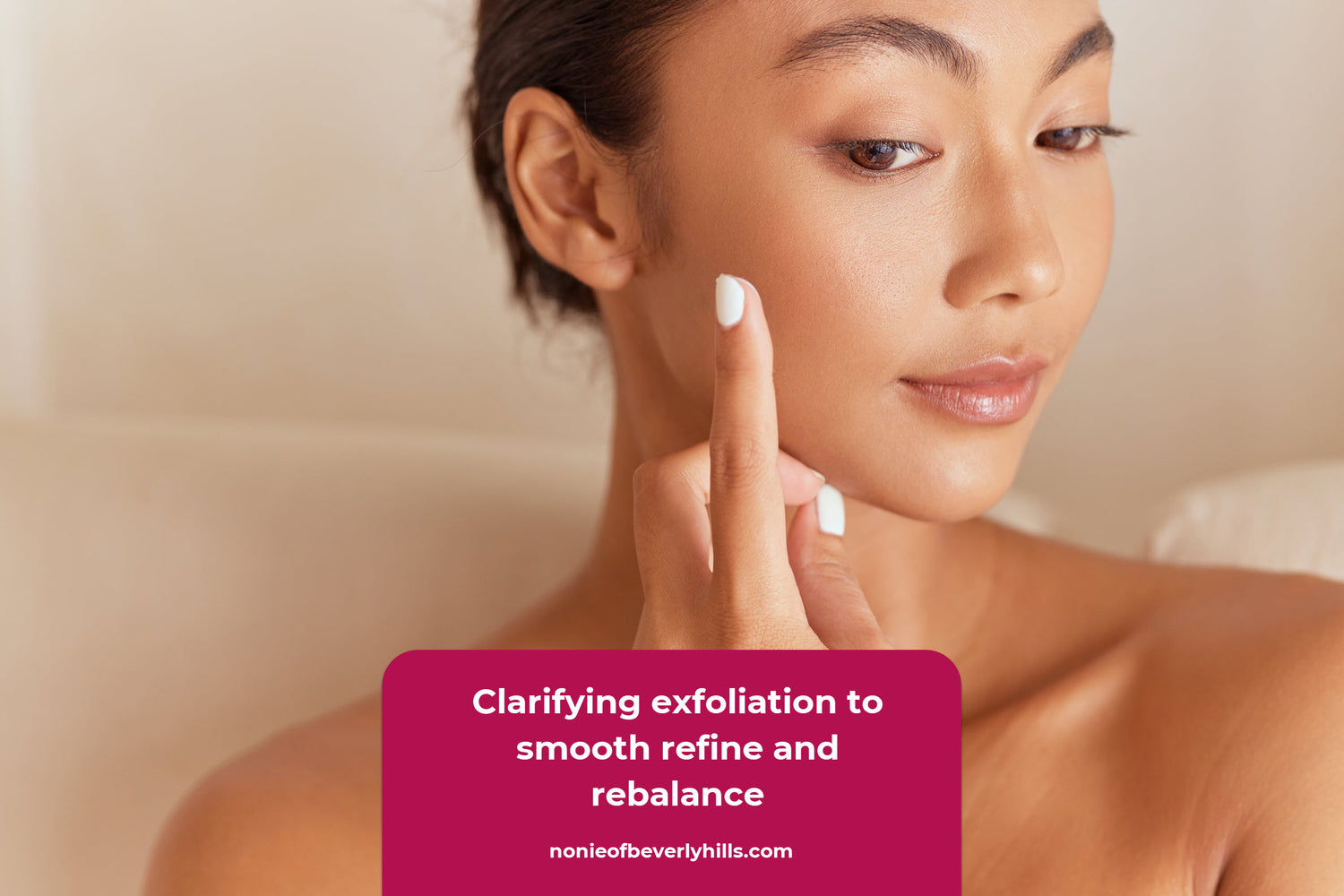 Close up of smooth clarified skin with refined pores and balanced texture. AHAs help manage shine, soften rough texture and keep pores looking clear.