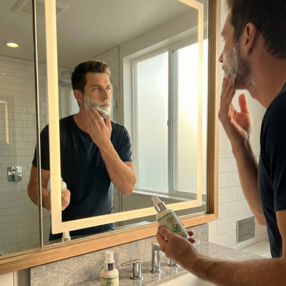 man holding nonie shave cream