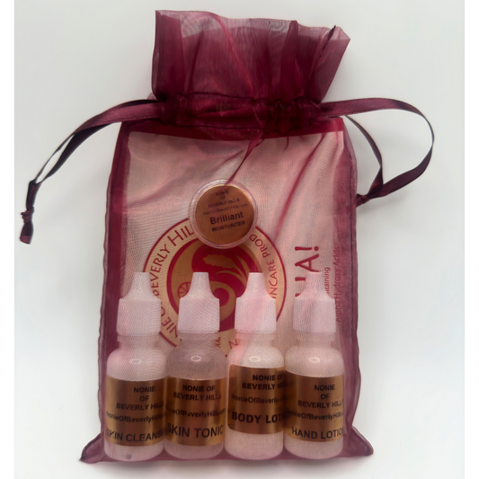 Sample kit of Nonie of Beverly Hills skincare products in a red bag