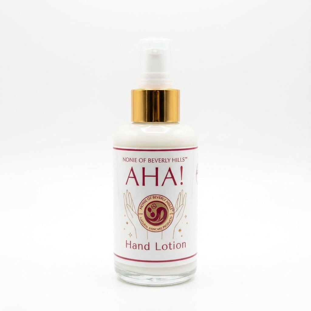 Nonie of Beverly Hills AHA hand lotion in a glass bottle
