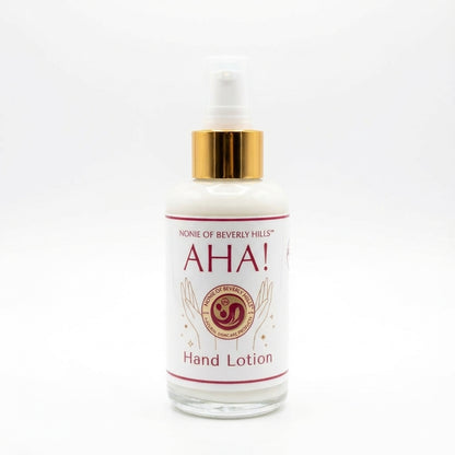 Nonie of Beverly Hills AHA hand lotion in a glass bottle