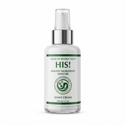 Bottle of Nonie of Beverly Hills HIS! Shave Cream on a white background